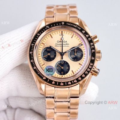 2022 Swiss Replica Omega Speedmaster Chrono Moonwatch Rose Gold Panda Dial 42mm